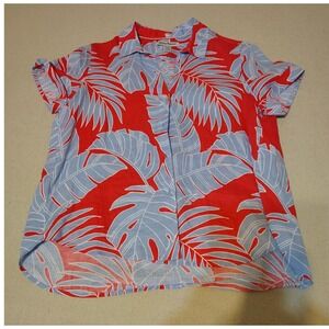Tommy Bahama Women's Tropical Leaf Print Shirt XS Red Blue Short Sleeve Aloha MM